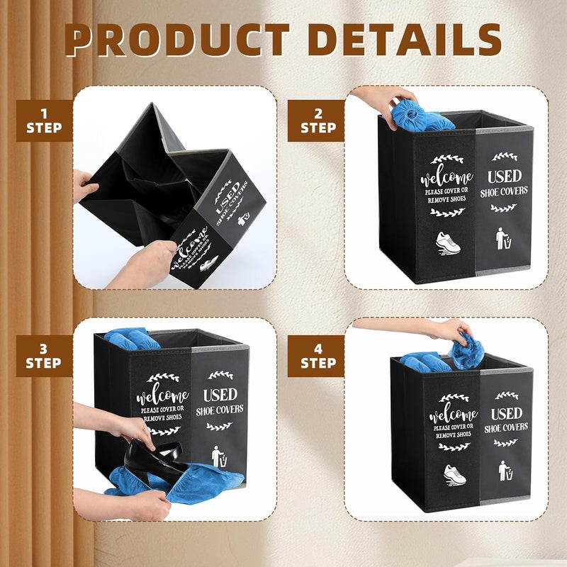 Singhoow Shoe Cover Box Dispenser Foldable Storage Bin Holder with Used Shoe Covers and Welcome Please or Remove Sign for Open House Supplies (Black, Gray) - Image 3